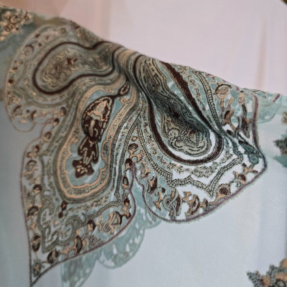 KIMONO SHEER ONE SIZE PAISLEY PRINT TEAL BROWN BURNOUT PATTER FRINGE - Picture 5 of 11